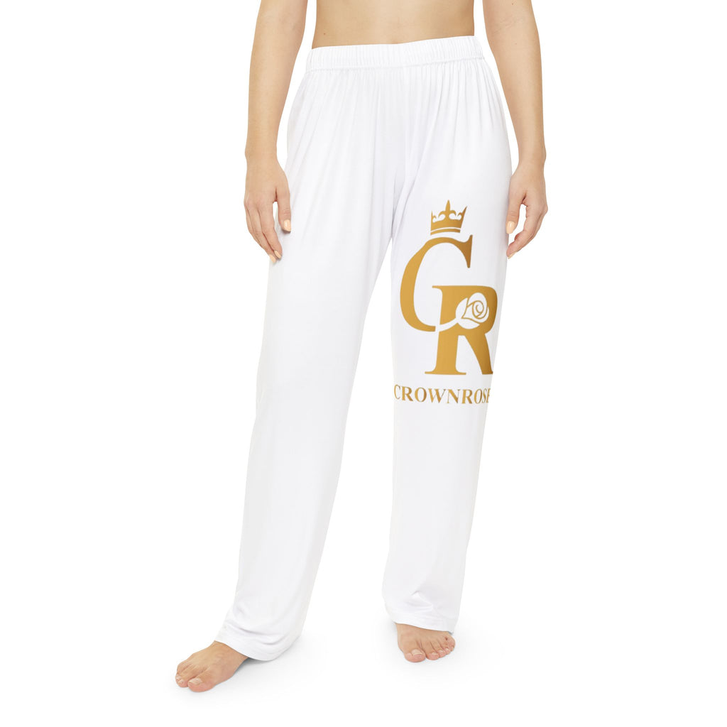 CrownRose Women's Pajama Pants — White Lounge Sleepwear with Gold CR Logo