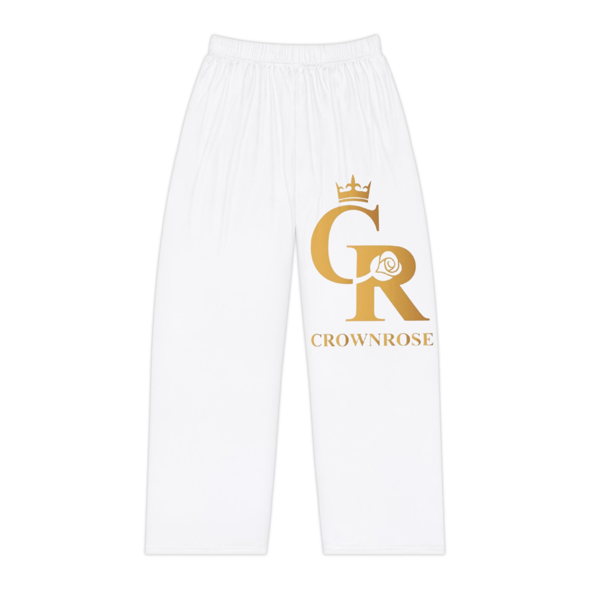 CrownRose Women's Pajama Pants — White Lounge Sleepwear with Gold CR Logo