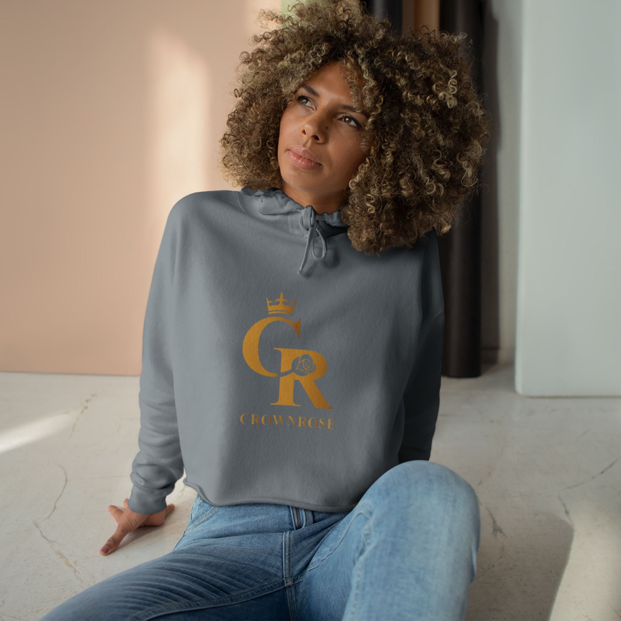 Cropped Hoodie — Gold 'CR Crown & Rose' Logo with 'Move Like Royalty'